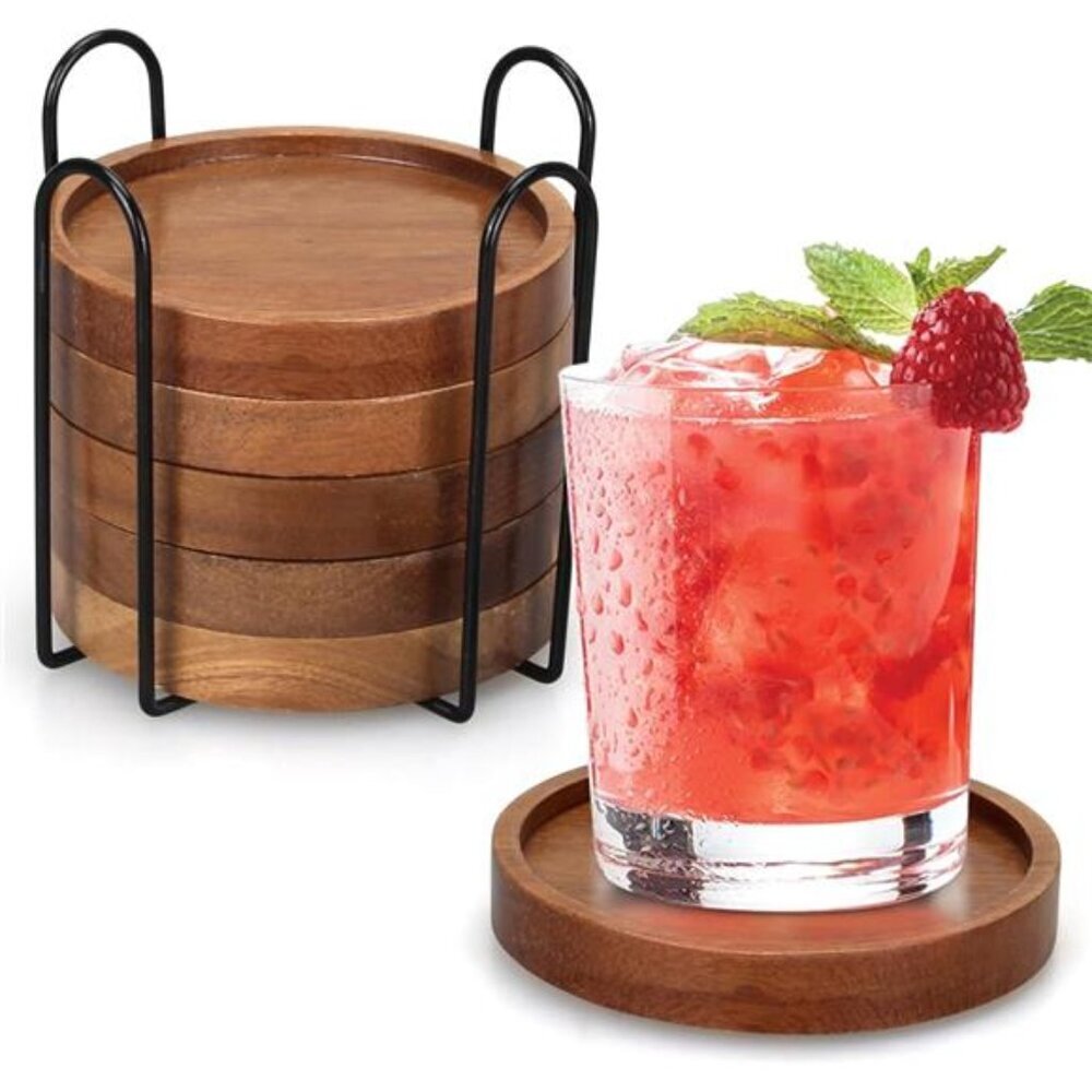 Acacia Wood Coasters Set with Holder Rustic Drink Coasters for Coffee Table Bar